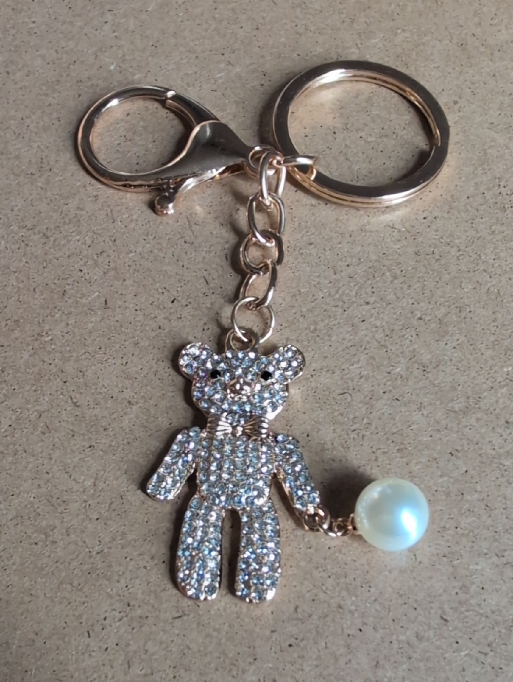 Crystal Teddy Bear Keychain with Faux Pearl Charm - Gold Tone